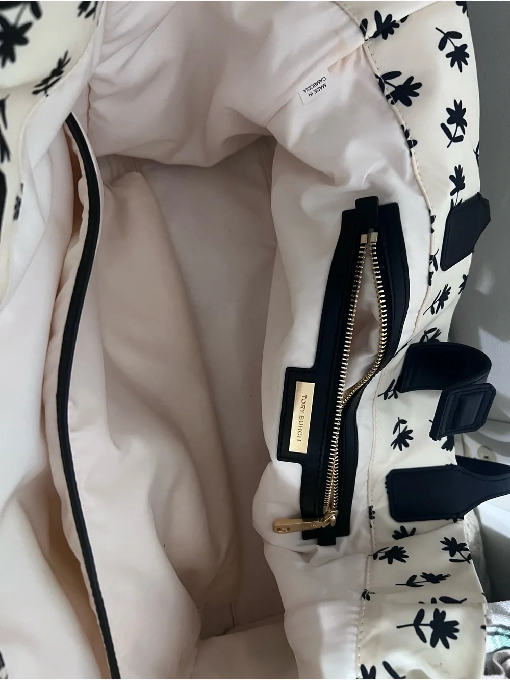 Tory Burch Black & White Floral Logo Tote